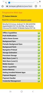 Chrome (Android) progressive web app feature detector results showing 18/18 feature support